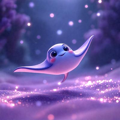 The primary subject of the image is a small, cute, and colorful bird, which appears to be flying through the air. The bird is the main focus of the image, and it is surrounded by a purple background. The visual style of the image is a combination of photo and digital art, creating a unique and eye-catching scene. The colors and mood of the image are predominantly purple, giving it a whimsical and playful atmosphere.